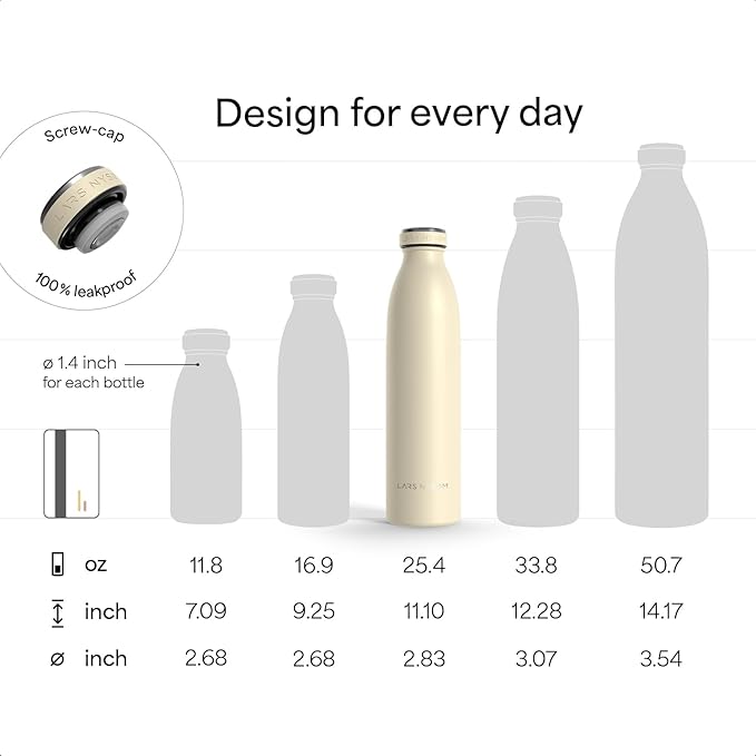 LARS NYSØM Stainless Steel Insulated Water Bottle 12oz 17oz 25oz 34oz 51oz | Insulated Thermo Flask for Hot and Cold Beverages | Leakproof Drinking Bottle (Almond Beige, 25.4oz)