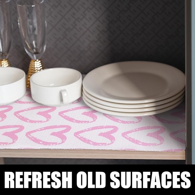 Heart Drawer Liner for Cabinets 16IN x 20FT,Shelf Liner Non-Adhesive and Strong Non-Slip Cabinet Drawer Liners for Kitchen,Table,Bookshelves,Waterproof Cupboard Liners,Pink
