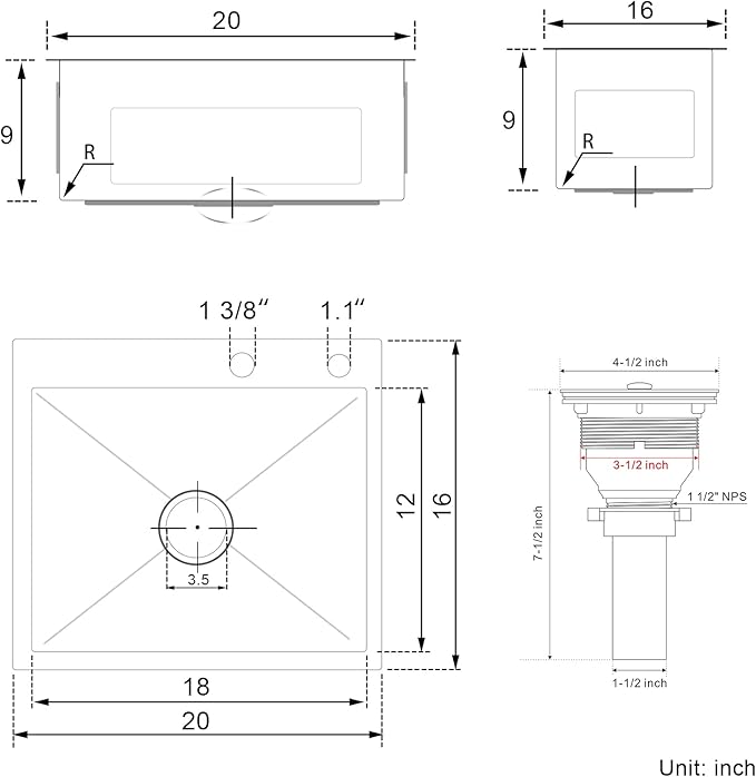 20x16x9 Inch Drop in Kitchen Sink, Handmade 304 Stainless Steel Single Bowl with 2 Holes, R10 Tight Radius, Topmount Installation, for Modern Kitchen/RV Sink, Brushed