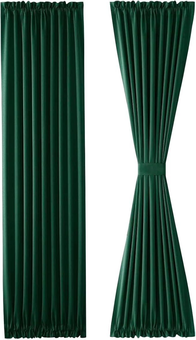 DWCN French Door Curtains – Rod Pocket Thermal Blackout Curtain for Doors with Glass Window, Kitchen and Patio Doors for Privacy, 25 X 72 Inches Long, 1 Curtain Panel with Tieback,Hunter Green