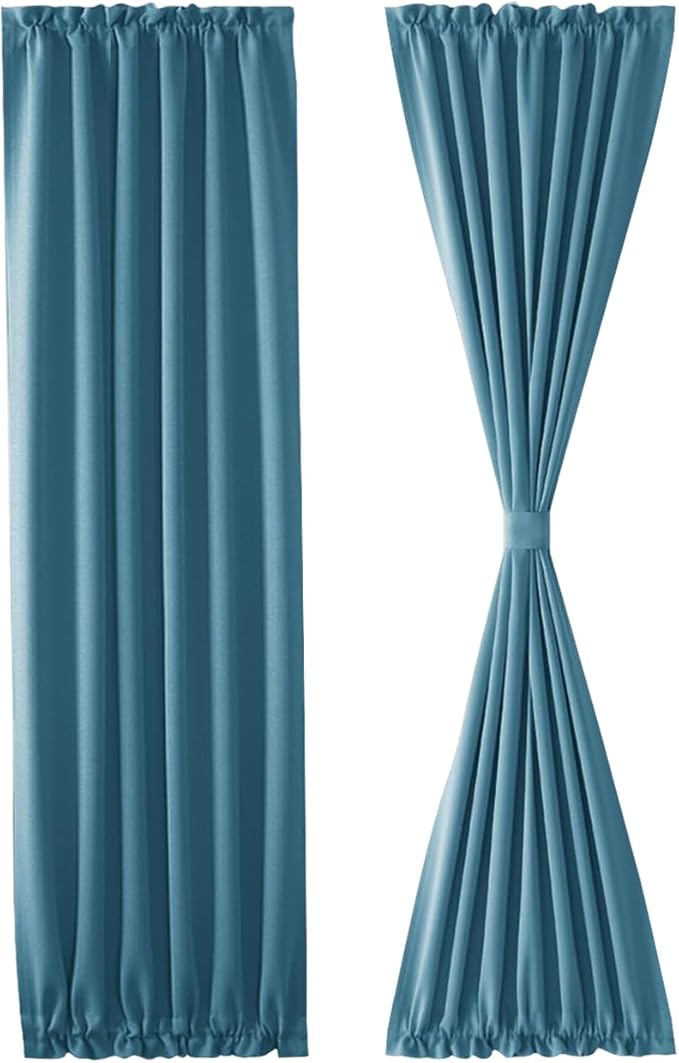 DWCN French Door Curtains – Rod Pocket Thermal Blackout Curtain for Window/Patio Doors/Doorways/Classroom/Kitchen for Privacy, 25W by 72L Inches, 1 Panel with Tieback, Stone Blue