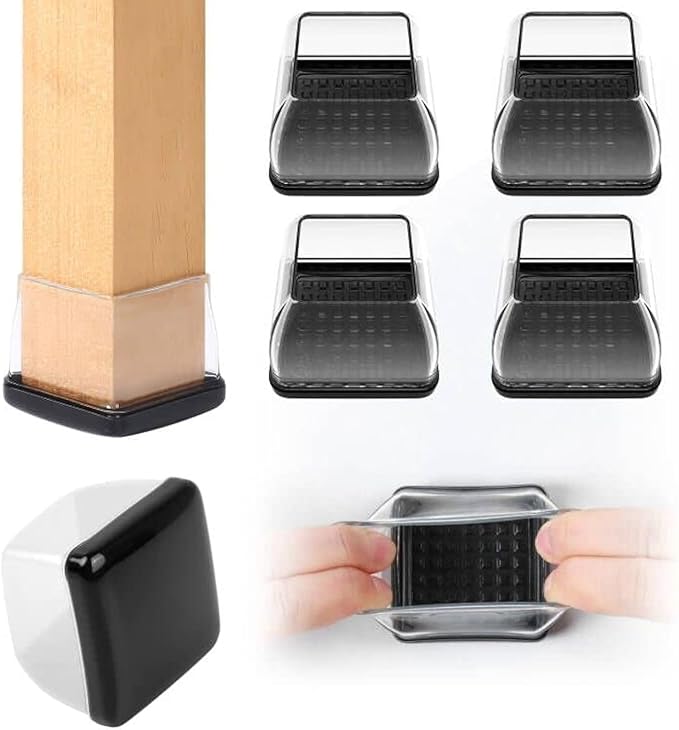 Ezprotekt 8 Pcs Large Clear Chair Leg Sliders for Carpet, Square Teflon Furniture Glides Pads Caps for Rug, Bar Stool Leg Protectors Covers for Table, Chair, Sofa Legs (XL Fit: 1.5" - 2")