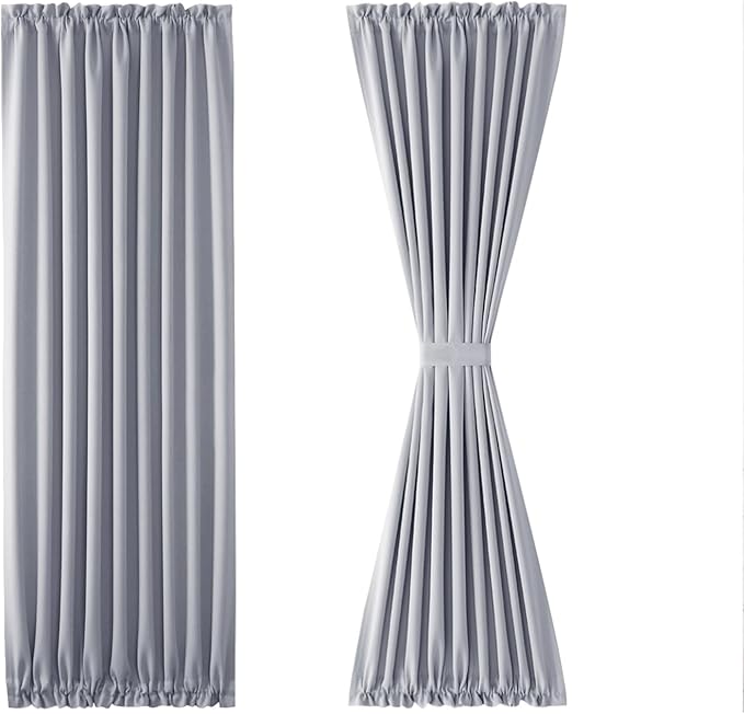 DWCN French Door Curtains – Rod Pocket Thermal Blackout Curtain for Window/Patio Doors/Doorways/Classroom/Kitchen for Privacy, 36W by 80L Inches, 1 Panel with Tieback, Silver Grey