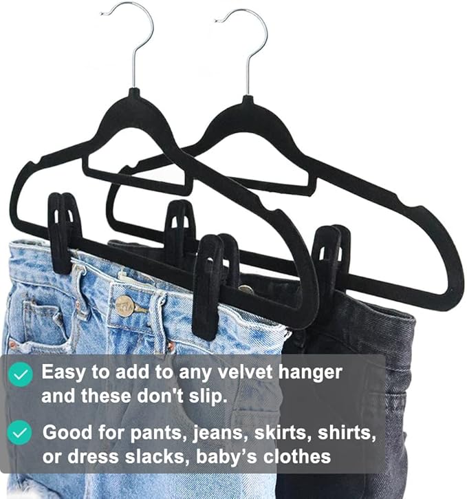 Black Velvet Hangers Clips 20 PCS, Non-Slip Velvet Clips for Suit Pant Skirt Hanger, Strong Finger Clips Perfect for Thin Flocking Hangers