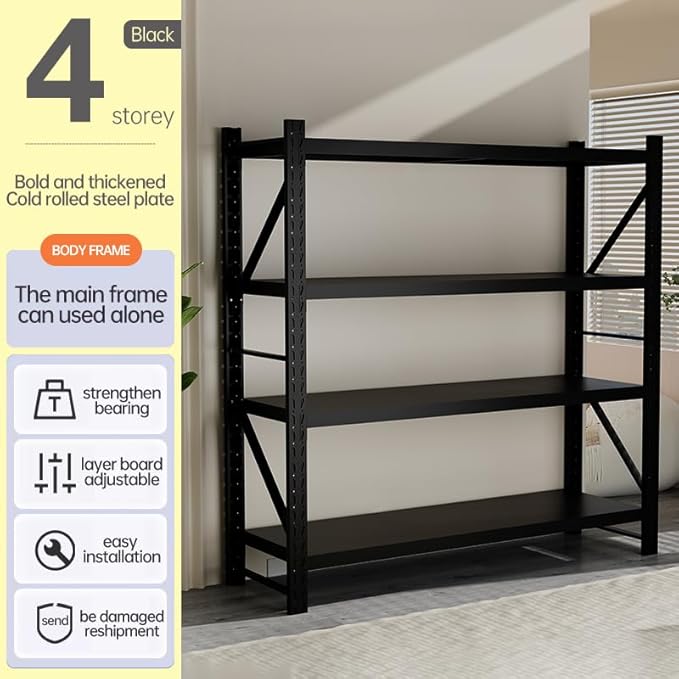 Storage Shelves Heavy Duty, Metal Garage Shelving Units, 4 Tier Storage Rack Shelf, Steel Industrial Shelving, Adjustable Standing Shelf for Basement/Warehouse (Black, W59.06*D19.69*H78.74)