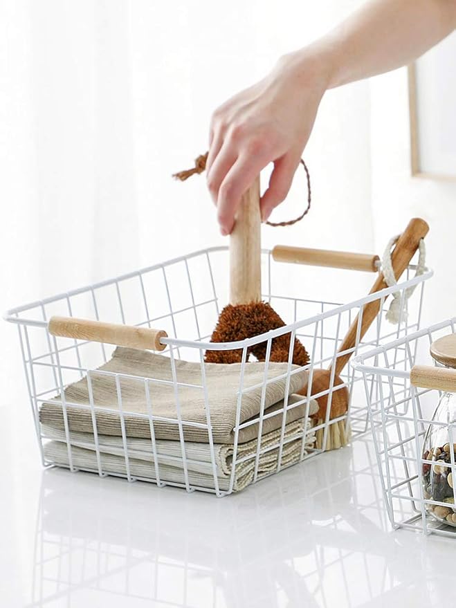 LeleCAT White Wire Baskets for Organizing with Handles，Pantry Organizers and Storage For Kitchen, Household Snack Basket for Cabinets, Closets, Bedrooms,food - Set of 4(White)