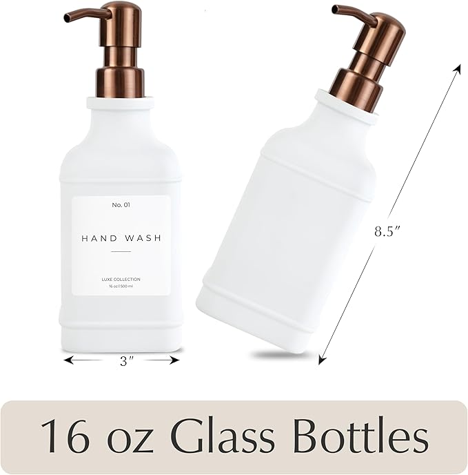 Emerson Essentials Soap Dispenser, Dish Soap Dispenser, Soap Bottle Bathroom Set, Hand Soap Dispenser, Kitchen Soap Dispenser Set - Glass Soap Dispenser with Pump and Labels, 16 Oz, 2 Pack