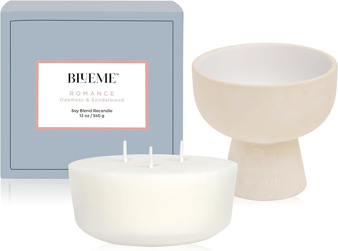 New BLUEME Wellness Candle Wax Refill, Contains Essential Oil, Sustainable, Hand Finished, Hand Poured, Premium, Luxury Ceramic, Natural Cotton Wick (12oz, Oakmoss & Sandalwood)