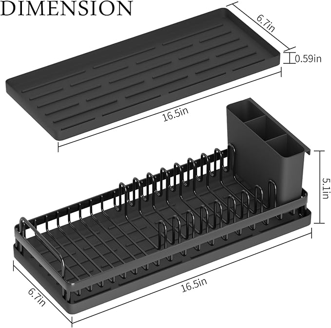 Small Dish Drying Rack, Compact Sink Dish Drainer Plate Organizer with Utensil Holder and 2pcs Silicone Drying Mats for Kitchen Counter, RVs, Apartments