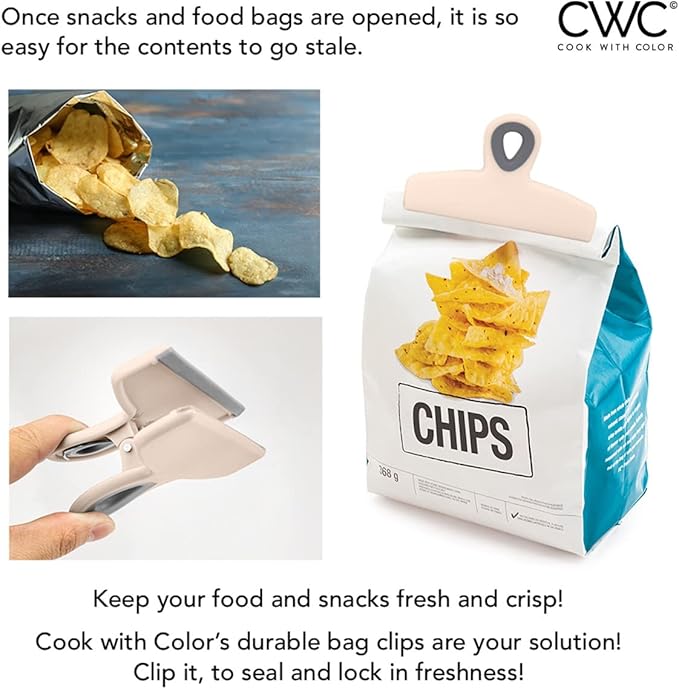 COOK WITH COLOR Bag Clips - Heavy Duty Chip Clip and Refrigerator Magnet Clips for Food Storage with Air Tight Seal Grip, Pink and Grey, Pack of 4 Large Clips