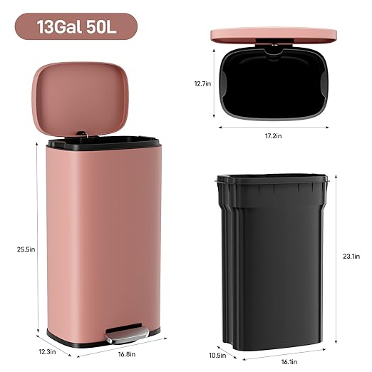Arlopu 8/13.2 Gallon Step Trash Can, Stainless Steel Garbage Bin, Soft-Close Rubbish Bin with Removable Plastic Inner Bucket, Fingerprint-Proof, Lid Dustbin, Suit for Kitchen Home (Pink, 50L)