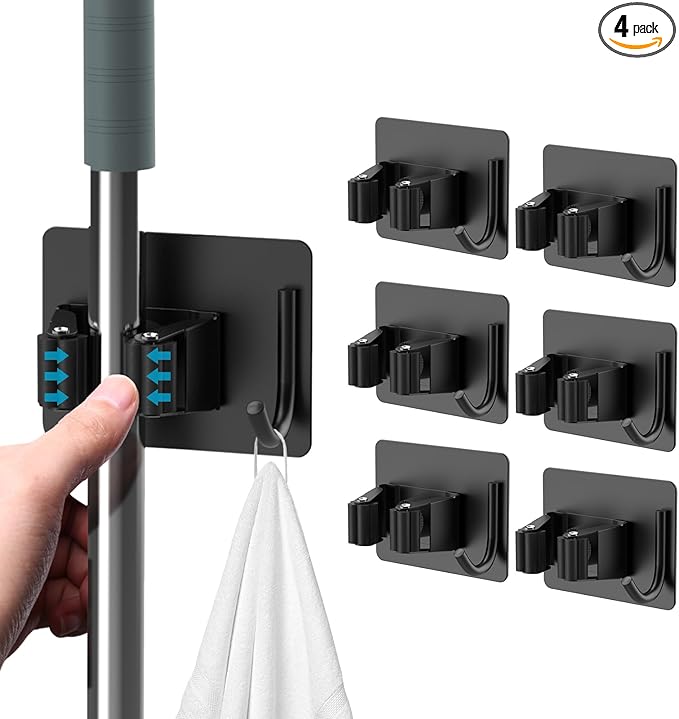 Mop Broom Holder No Drill, Mop Broom Organizer Wall Mounted Heavy Duty with Hooks Hanger, Self Adhesive Stainless Steel 4Pcs for Bathroom, Kitchen, Office (Black)