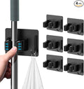 Mop Broom Holder No Drill, Mop Broom Organizer Wall Mounted Heavy Duty with Hooks Hanger, Self Adhesive Stainless Steel 4Pcs for Bathroom, Kitchen, Office (Black)