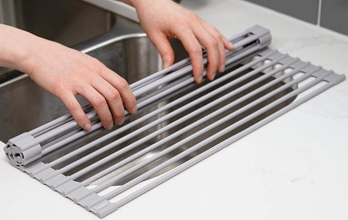 Surpahs Over Sink Foldable Multipurpose Roll-Up Dish Drying Rack, Silicone Wrapped Stainless Steel, Warm Gray, 20.5" x 13.1"