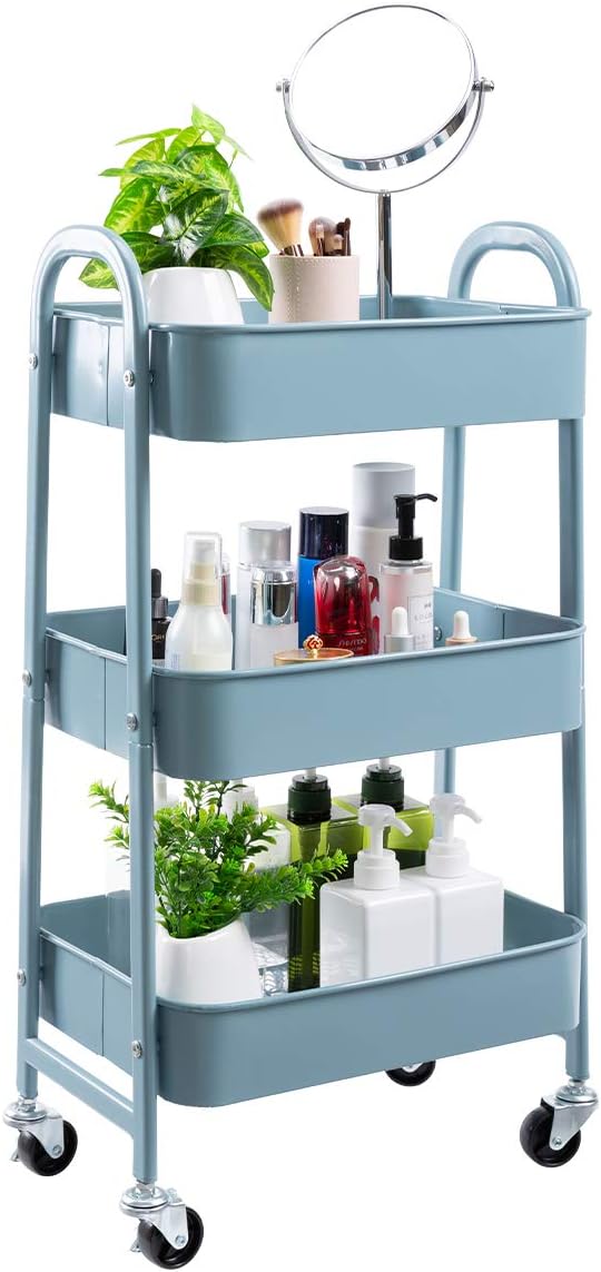 AGTEK Makeup Cart, Movable Rolling Organizer Cart, Grey-Blue 3 Tier Metal Utility Cart