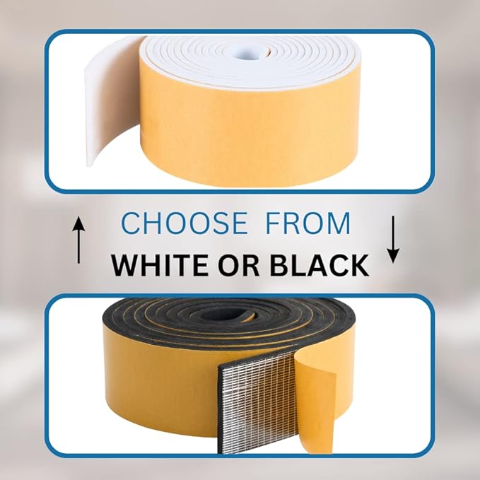 High Density Foam Weather Stripping Door Seal Strip Insulation Tape Roll for Insulating Door Frame, Window, Air Conditioner | Self Adhesive Sealing Weatherstrip (3 in x 1/16 in x 10 Ft, Black)