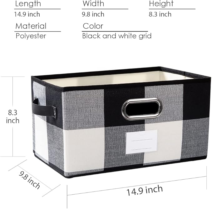 PRANDOM Large Collapsible Storage Baskets for Closet [3-pack] Decorative Fabric Storage Bins Cubes with Leather/Metal Handles for Shelves Bedroom Living Room Black and White Grid (14.9x9.8x8.3 Inch)