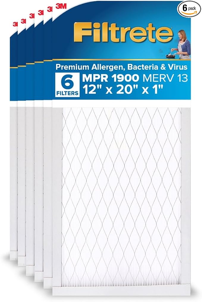 Filtrete 12x20x1 AC Furnace Air Filter, MERV 13, MPR 1900, Premium Allergen, Bacteria & Virus Filter, 3-Month Pleated 1-Inch Electrostatic Air Cleaning Filter, 6-Pack (Actual Size 11.81x19.81x0.78 in)