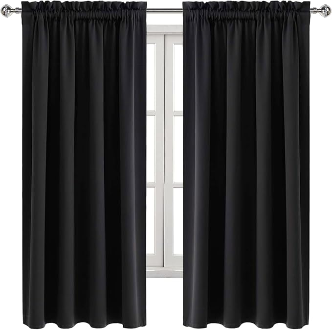 DWCN Blackout Curtains Room Darkening Thermal Insulated Bedroom Curtains Window Curtain Panels, 52 x 63 inches Long, Set of 2 Black Rod Pocket Drapes