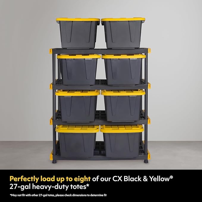 CX Black & Yellow®, Shelving Unit and Heavy Duty Storage Containers, Extremely Durable® (Shelf + 27 Gallon Container (8-Pack)