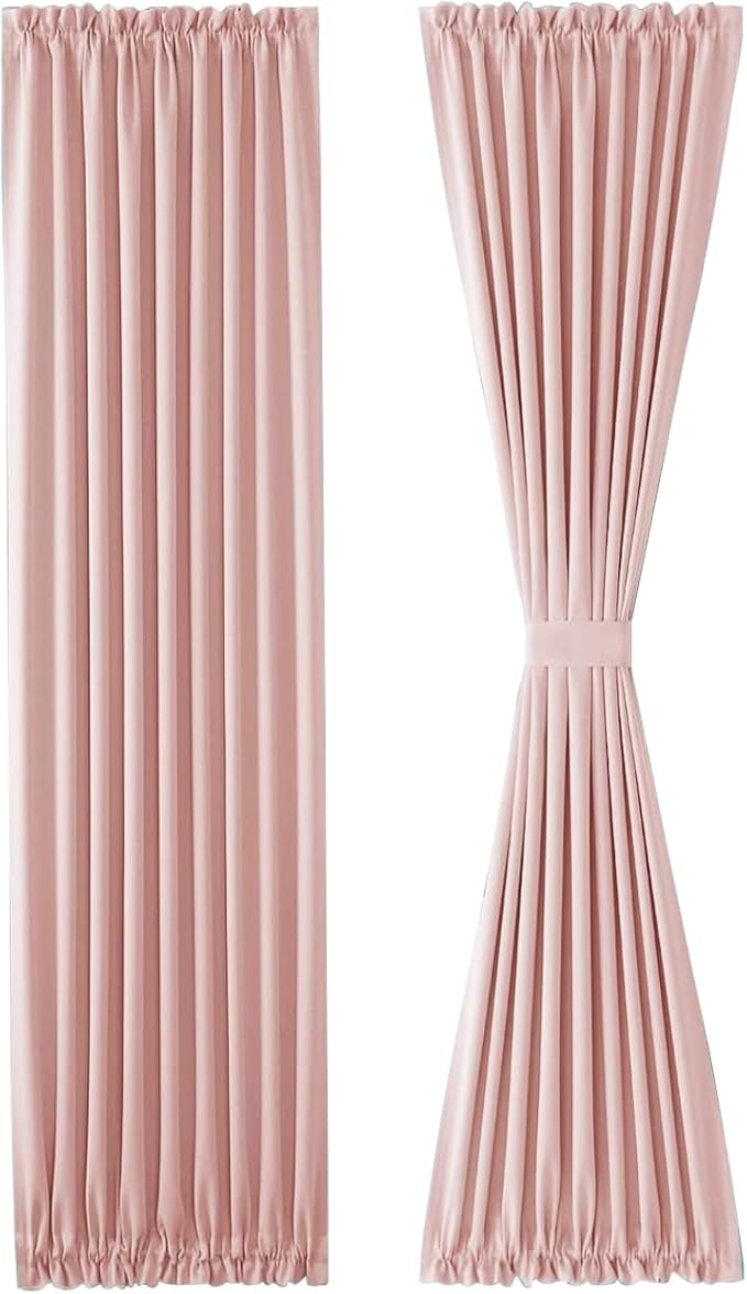 DWCN French Door Curtains – Rod Pocket Thermal Blackout Curtain for Doors with Glass Window, Kitchen and Patio Doors for Privacy, 25 X 72 Inches Long, 1 Curtain Panel with Tieback,Blush Pink