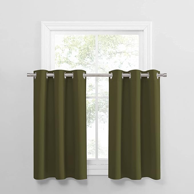 PONY DANCE Window Curtain Tiers - (42 by 36 inches, Olive Green, 2 Pieces) Room Darkening Curtains Short Panels Drapes for Small Half Window Kitchen Decor