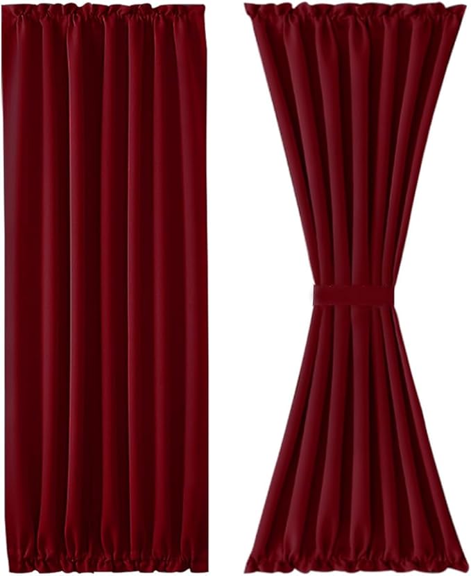 DWCN French Door Curtains – Rod Pocket Thermal Blackout Curtain for Doors with Glass Window, Kitchen and Patio Doors for Privacy, 54 X 80 Inches Long, 1 Curtain Panel with Tieback, Burgundy