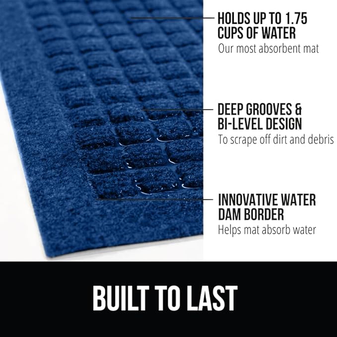 GORILLA GRIP Front Door Mat, Indoor Outdoor Ultra Absorbent HydroAbsorb Doormat, Absorbs Up to 1.7 Cups of Water, Stain and Fade Resistant, Rubber Backing Doormats, Captures Dirt, 29x17 Blue