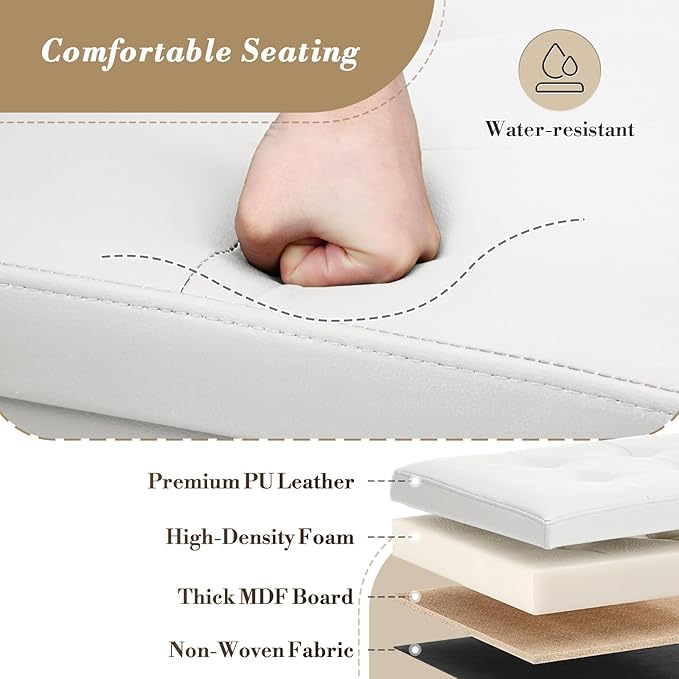 Athena Collection 15" Storage Ottoman Bench Folding Bench with 40L Hidden Storage, Small Cube Ottoman PU Leather Foot Rest Stool Chest with Flipping Lid for Living Room, Bedroom, Entryway, White