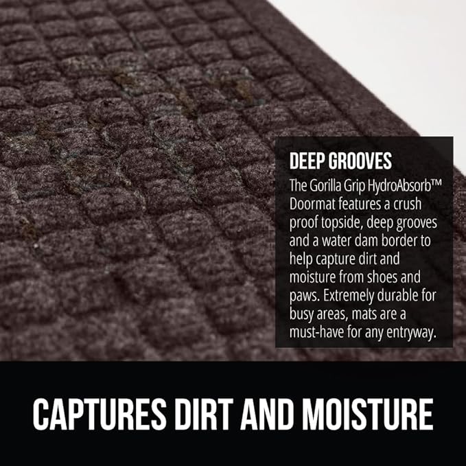 GORILLA GRIP Front Door Mat, Indoor Outdoor Ultra Absorbent HydroAbsorb Doormat, Absorbs Up to 1.7 Cups of Water, Stain and Fade Resistant, Rubber Backing Doormats, Captures Dirt, 29x17 Coffee