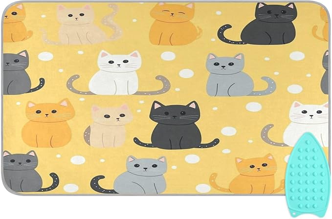 Yellow Polka Dot Cat Ironing Mat Thickened Ironing Blanket Travel Portable Double-Side Using Ironing Pad Travel Isolate Heat Pad Cover for Washer Dryer Table Top Countertop 27.6x47.2in