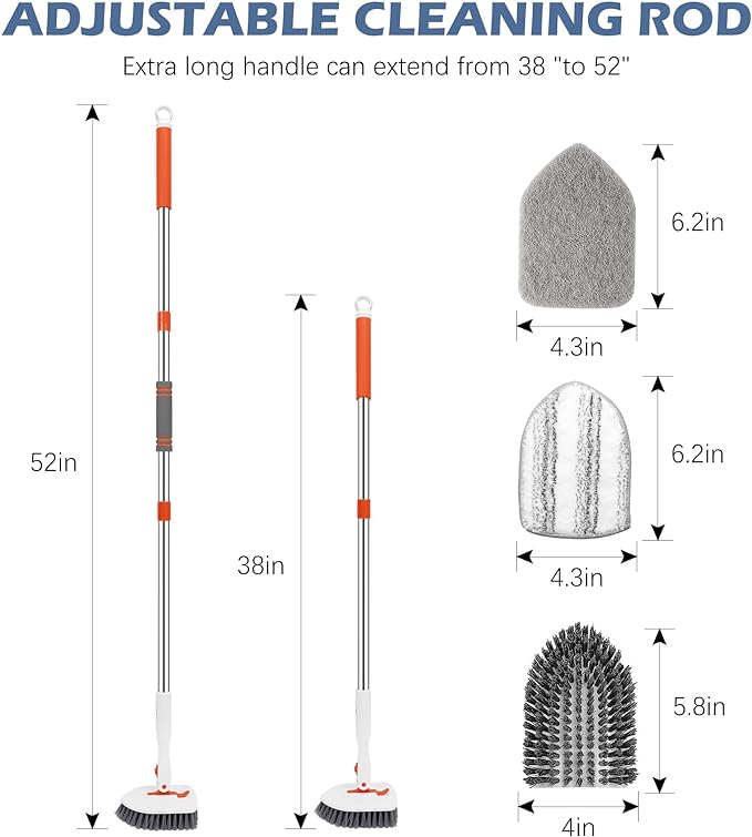 SetSail Floor Scrub Brush, 3-In-1 Tile Tub Floor Scrubber with 52-inch Adjustable Long Handle Shower Cleaner Brush and 4 Detachable Replacement Brush Heads for Cleaning Bathroom Kitchen Walls Tub Tile