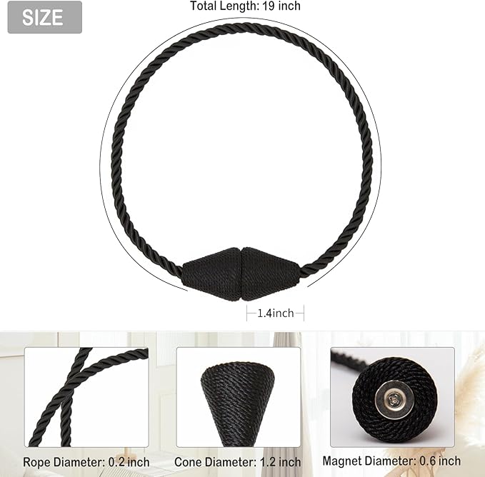 Magnetic Curtain Tiebacks 6 Pack Outdoor Rope Curtain Tie Backs Decorative Window Treatment Holdbacks for Home Decorative Curtain, Black