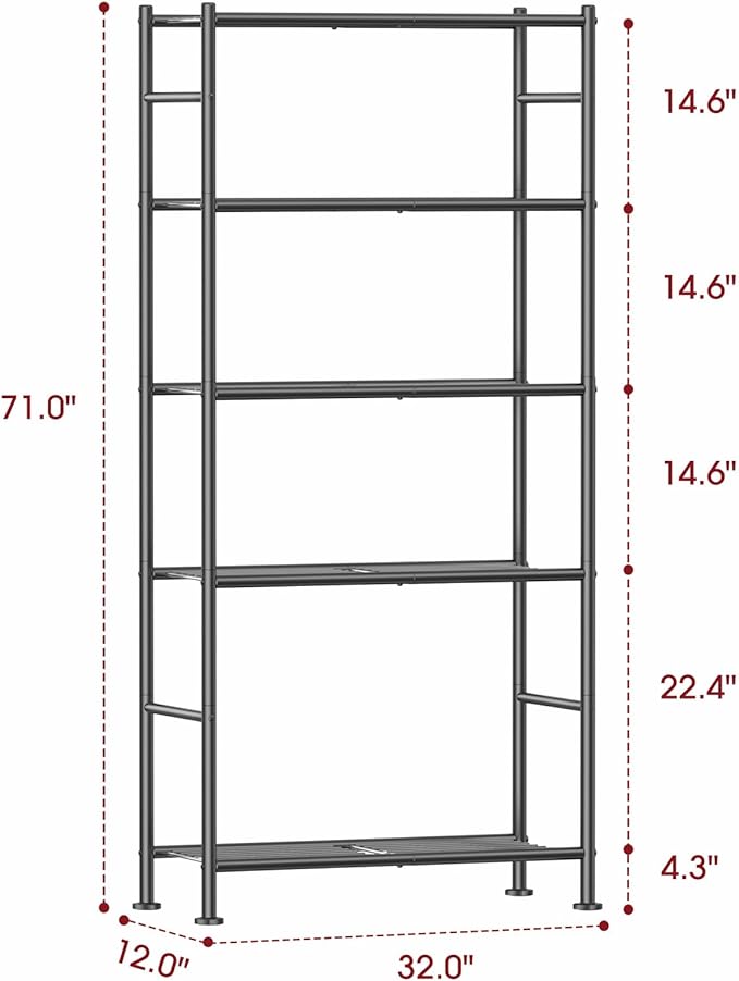 Storage Shelves - 5 Tier Shelf Organizer, Sturdy Metal Garage Shelving with Adjustable Leveling Feet, Space-Saving Shelves Organizer for Pantry, Laundry, Kitchen (32" x 12" x 71", Black)