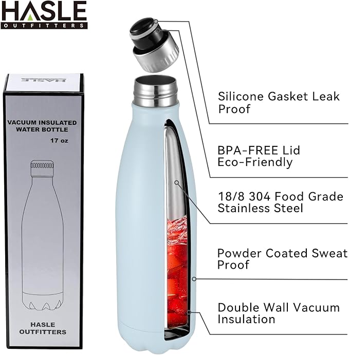 HASLE OUTFITTERS 17oz Stainless Steel Water Bottles Bulk, Vacuum Insulated Water Bottles Double Walled Reusable Metal Sports Water Bottles Keep Drinks Hot and Cold, Light Blue, 4Packs