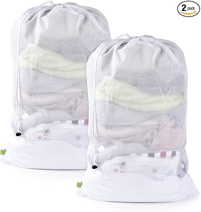 OTraki 2 Pcs Large Mesh Laundry Bags, 24X36 Inch Heavy Duty Drawstring Laundry Wash Bag, Dirty Clothes Laundry Hamper Liner Machine Washable Storage Bag for Travel Dorm Camp Hotel Beach White