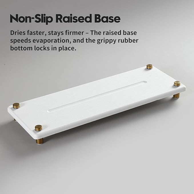 Water Absorbing Stone Sink Caddy Kitchen Sink Organizer Tray, Diatomite Bathroom Counter Tray, Gold Faucet Drying Mat Coaster Soap Dish Rack Riser Dispenser Sponge Holder, White 12.5" x 4.5"