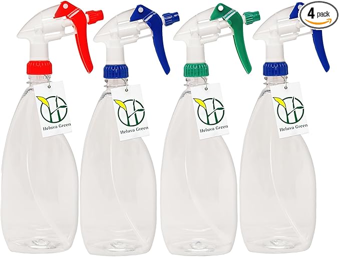 Heluva Green Heavy Duty 24oz Clear Plastic Spray Bottles for Cleaning - Large Empty Bottles for Gardening Solutions, Vinegar, Chemicals, Professional Cleaners - Adjustable Sprayer Nozzle - 4 Pack
