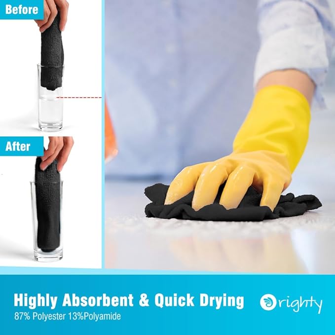 Orighty Cleaning Cloths 12x12 inch, Pack of 24, Highly Absorbent Microfiber Cleaning Supplies, Lint Free Cloths for Multiple-use, Powerful Cleaning Rags for House, Kitchen, Car Care (Black)