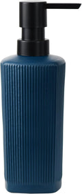 12 oz Glass Soap Dispenser with Vertical Stripe with Black Plastic Rustproof Pump, Small Refillable Soap Dispenser for Kitchen and Bathroom (Dark Blue)