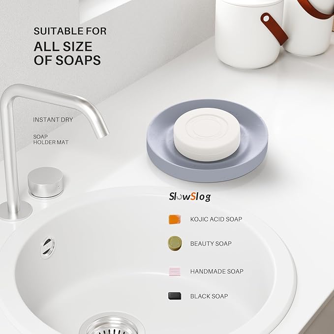 Diatomite Soap Dish, 2 Pack Water Absorbent Stone Soap Dish Holder, Quick Dry Diatomaceous Earth Bath Tray for Hand Soap, Bar Soap, Kitchen Sponge, Gray