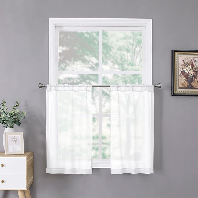 Tollpiz Sheer Tier Curtains Kitchen Linen Textured Half Curtain Sheers Light Filtering Rod Pocket Voile Bathroom Short Curtains for Farmhouse, 25 x 30 inches Long, White, Set of 2 Panels