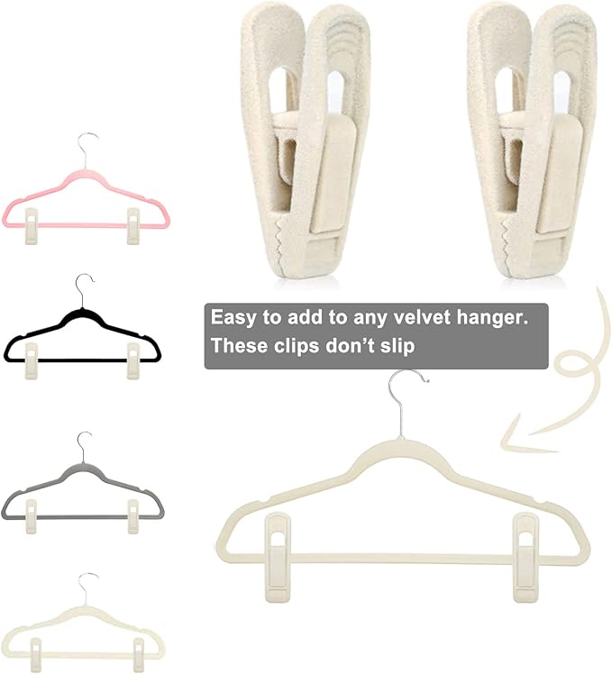 Velvet Hanger Clips for Velvet Hangers - 20 PCS Beige Non-Slip Velvet Clip for Skirt Hanger, Strong Flocking Clips Fit for Ivory Velvet Hangers