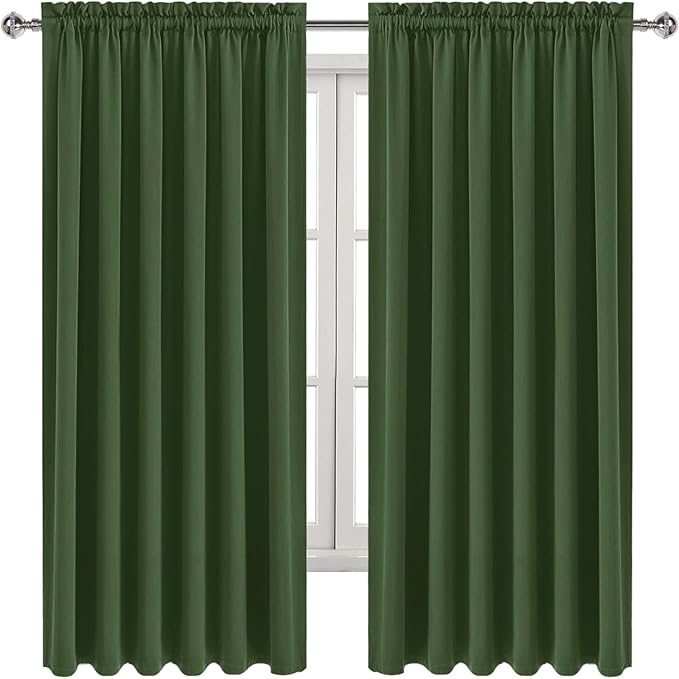 DWCN Blackout Curtains for Living Room Thermal Insulated, Energy Saving & Noise Reducing Bedroom Curtains, Olive Green, W 70x L 63 Inch, Set of 2 Rod Pocket Curtain Panels
