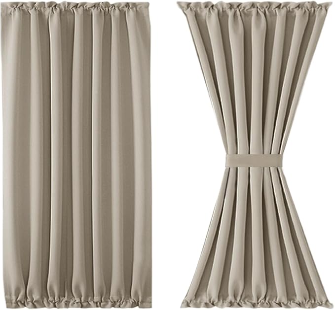 DWCN French Door Curtains – Rod Pocket Thermal Blackout Curtain for Doors with Glass Window, Kitchen and Patio Doors for Privacy, 54 X 40 Inches Long, 1 Curtain Panel with Tieback, Taupe