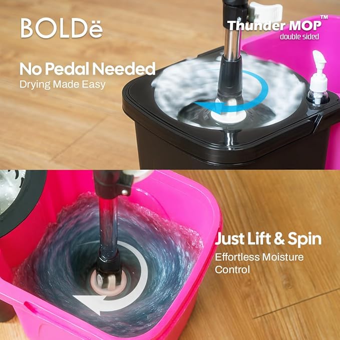 Thunder Mop Spin System - 2 Compact Stackable 6L Buckets, Microfiber Head, Stainless Steel Wringer, Antifungal Quick-Dry Cleaning, Soap Dispenser, 3 Free Refills (Yellow/Blue)
