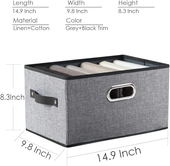 PRANDOM Large Foldable Storage Bins for Shelves [3-pack] Decorative Linen Fabric Storage Baskets Cubes with Leather/Metal Handles for Closet Nursery Office Grey and Black Trim (14.9x9.8x8.3 Inch)
