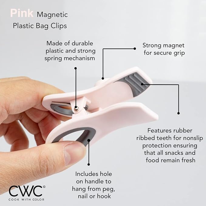 COOK WITH COLOR Bag Clips - Heavy Duty Chip Clip and Refrigerator Magnet Clips for Food Storage with Air Tight Seal Grip, Pink, Pack of 8