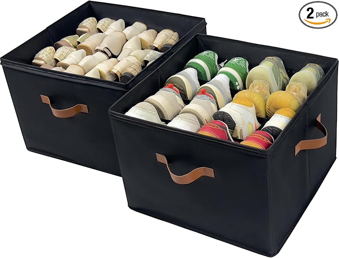 Shoe Organizer Box 2 Pack, Shoe Storage Organizer with Clear Cover, Adjustable Dividers Fits 16-32 Pairs, Fabric Shoe Organizer for Closet, Black