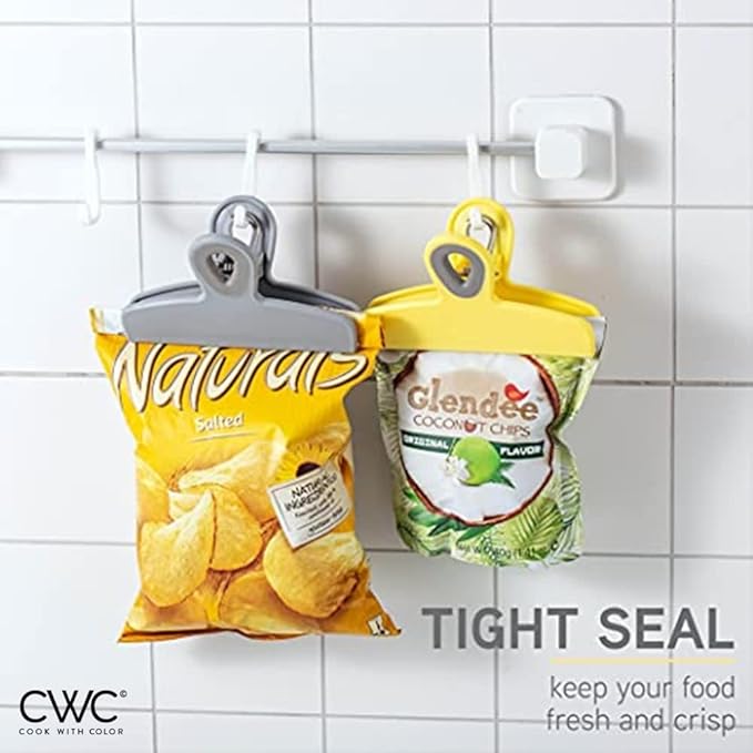 COOK WITH COLOR Bag Clips - Heavy Duty Chip Clip & Refrigerator Magnet for Food Storage with Air Tight Seal Grip, Yellow & Grey, 2 Large & 16 Small
